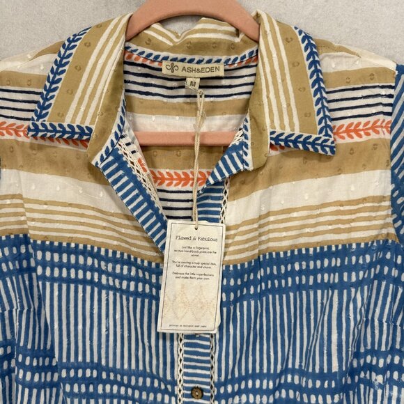 Ash & Eden Shirt Dress Womens Medium Blue Tan Stripe Belted Midi Cotton Collared - Picture 4 of 10